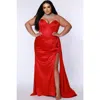 Johnathan Kayne For Sydneys Closet Plus Size Fringe Off The Shoulder Corset Satin Gown Over Skirt Sl In Scarlet
