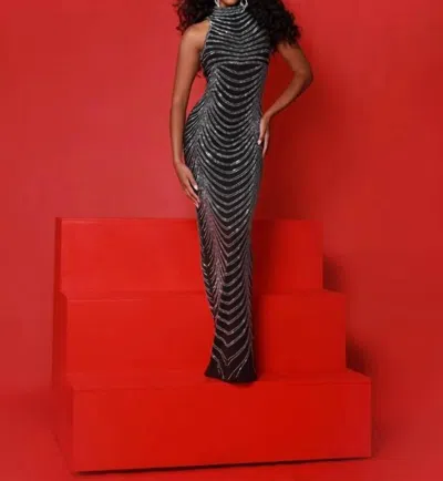 Johnathan Kayne High Neckline Backless Gown In Black