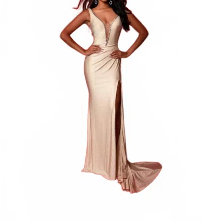 Johnathan Kayne High Slit Mermaid Gown In Champagne In Neutral