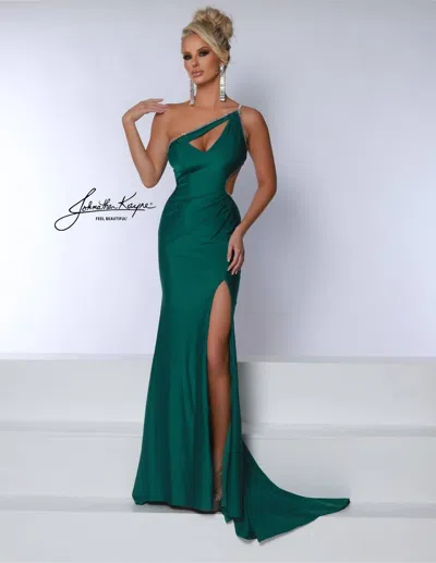 Johnathan Kayne One Shoulder Side Cut Out Prom Dress In Emerald In Green