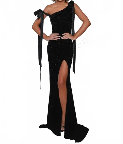 Johnathan Kayne One-shoulder Stretch Satin Evening Gown In Black