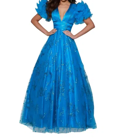 Johnathan Kayne Puff Sleeve Open Back Glitter Ball Gown In Capri Blue
