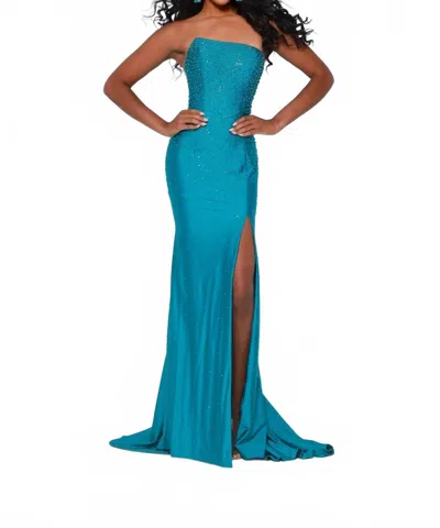 Johnathan Kayne Refined Asymmetrical Neck Gown In Teal In Blue