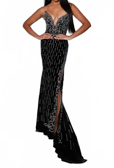 Johnathan Kayne Rhinestone Appliqued Strapless Evening Dress In Black