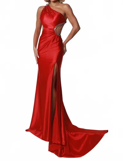 Johnathan Kayne Satin Mermaid Cutout Gown With Slit In Cherry In Multi