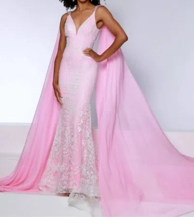 Johnathan Kayne Shoulder Drapes Mesh Gown In Petal Pink