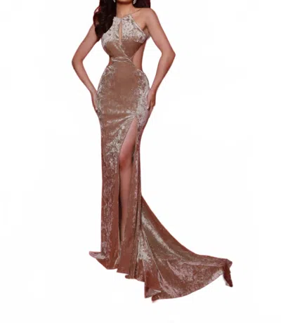 Johnathan Kayne Sleeveless Crystal Crushed Velvet Prom Gown In Sand In Pink