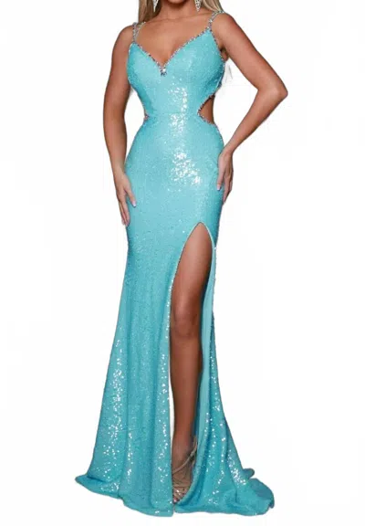 Johnathan Kayne Sleeveless Cut-out Detail Prom Gown In Aqua In Green