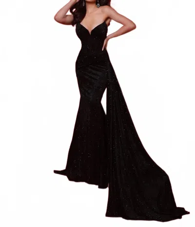 Johnathan Kayne Strapless V-neck Draped Prom Gown In Black