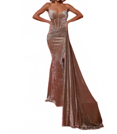 Johnathan Kayne Strapless V-neck Draped Prom Gown In Sand In Brown