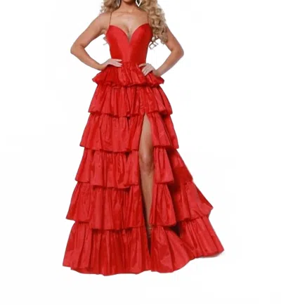 Johnathan Kayne Sweetheart Thigh High Slit Gown In Cherry In Red