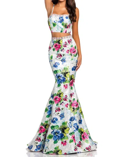 Johnathan Kayne Two-piece Floral Printed Metallic Prom Dress In Multi