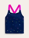 Johnnie B Cross-back Tankini Top Navy Rainbow Confetti Spot Girls Boden In Navy Rainbow Confetti Spot