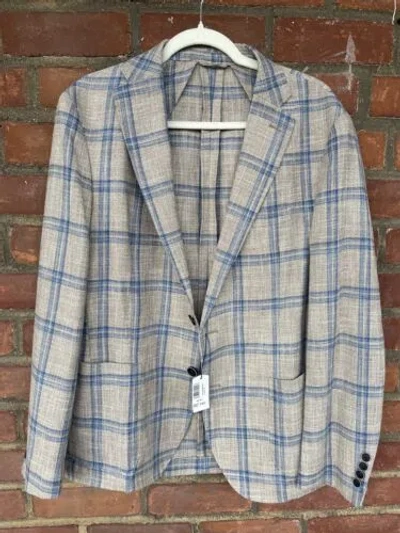 Pre-owned Johnnie-o Nowell Lightweight Woven Sport Coat Blazer Tan Blue Check 40r $798 In Brown