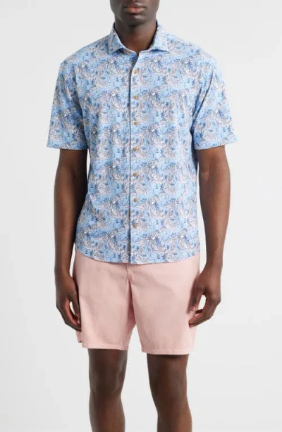 Johnnie-o Otto Tropical Print Knit Short Sleeve Button-up Shirt In Blue