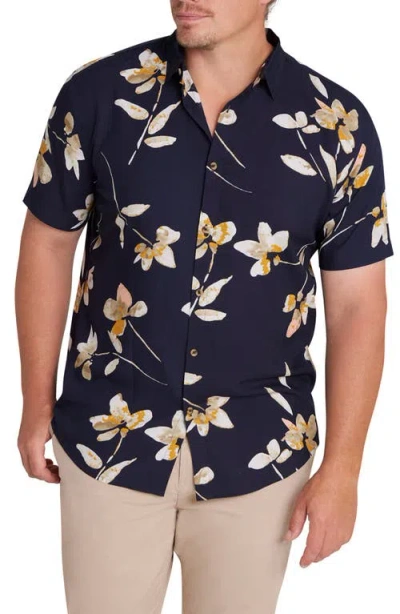 Johnny Bigg Rhodes Floral Short Sleeve Viscose & Linen Button-up Shirt In Navy