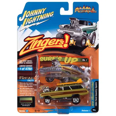 Johnny Lightning 1 To 64 Scale 1964 Ford Country Squire Surfin Lime Metallic With Woodgrain Panels & Surfboard On Roo