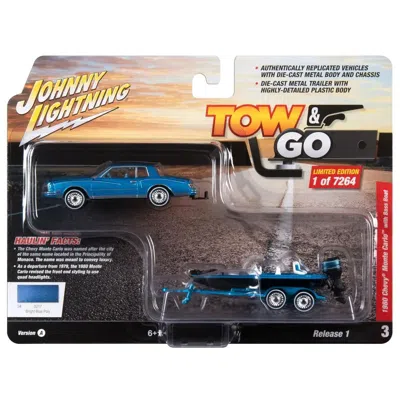 Johnny Lightning 1 To 64 Scale 1980 Chevrolet Monte Carlo Bright Blue Metallic With Blue Interior With Bass Boat & Tr
