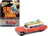 Johnny Lightning 1959 Cadillac Ambulance Red With White Top "malibu Beach Rescue" (weathered) With Surfboards On Roof