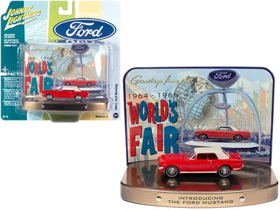 Johnny Lightning 1964 1/2 Ford Mustang Rangoon Red With Red Interior With Collectible Tin Display "introducing The Fo