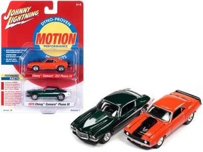 Johnny Lightning 1969 Chevrolet Camaro Zlx Phase Iii Hugger Orange With Black Stripes And 1973 Chevrolet Camaro Phase