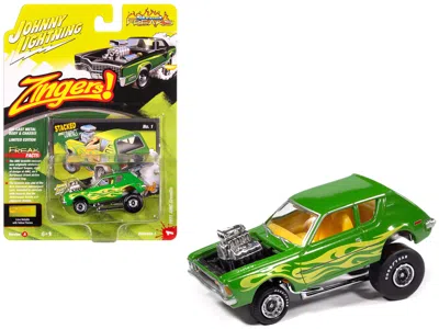 Johnny Lightning 1971 Amc Gremlin Lime Green Metallic With Yellow Flames And Interior "zingers!" Series 1/64 Diecast