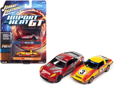 Johnny Lightning 2006 Nissan 350z #23 Red And Silver With Graphics And 1981 Mazda Rx-7 #3 Yellow With Stripes "import