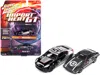 Johnny Lightning 2006 Nissan 350z #57 Black And Silver With Graphics And 1981 Mazda Rx-7 #13 Dark Silver With Stripes