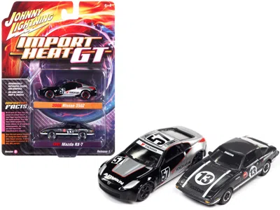 Johnny Lightning 2006 Nissan 350z #57 Black And Silver With Graphics And 1981 Mazda Rx-7 #13 Dark Silver With Stripes