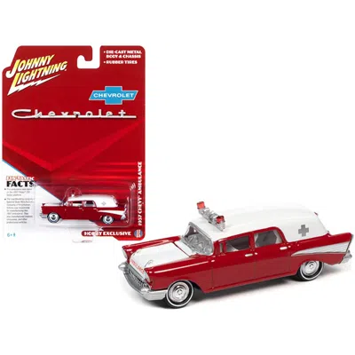 Johnny Lightning 3 In. Kosmos Red & White With Interior 1 By 64 Diecast Model Car For 1957 Chevrolet Ambulance