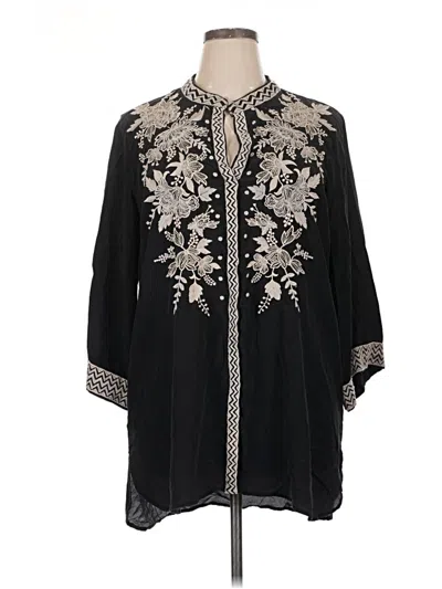 Pre-owned Johnny Was 3/4 Sleeve Silk Top Black Mock Neckline Tops