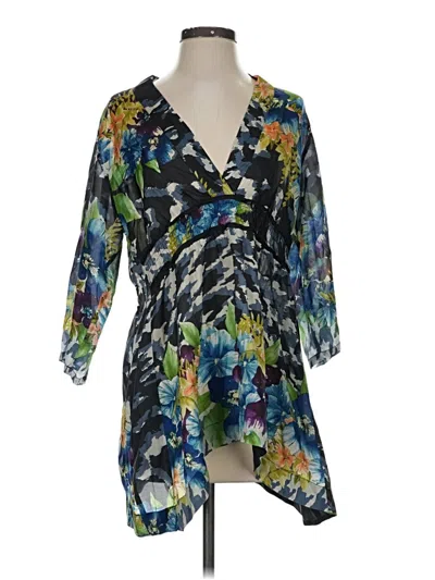 Pre-owned Johnny Was 3/4 Sleeve Silk Top Blue Plunge Neckline Tops