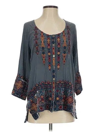 Pre-owned Johnny Was 3/4 Sleeve Silk Top Gray Square Neckline Tops