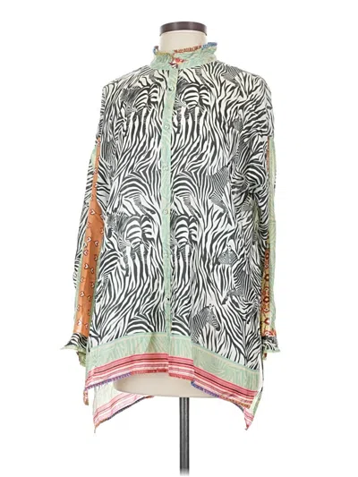 Pre-owned Johnny Was 3/4 Sleeve Silk Top Green Animal Print Pattern Mock Neckline Tops