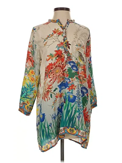 Pre-owned Johnny Was 3/4 Sleeve Silk Top Ivory Floral Pattern High Neck Tops
