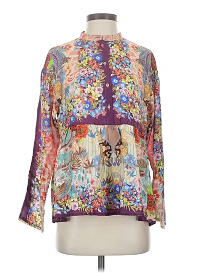 Pre-owned Johnny Was 3/4 Sleeve Silk Top Purple Paisley Pattern Collared Neckline Tops