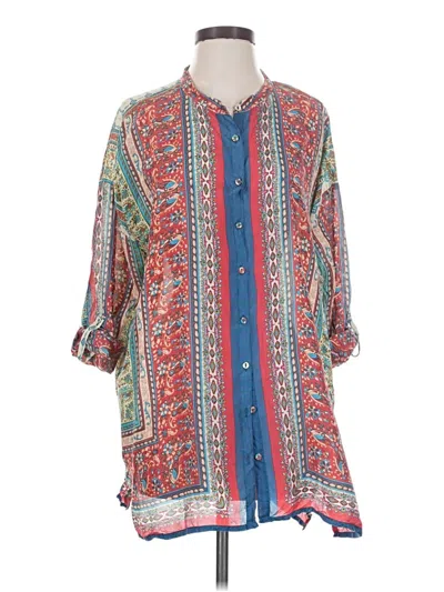 Pre-owned Johnny Was 3/4 Sleeve Silk Top Red Plunge Neckline Tops