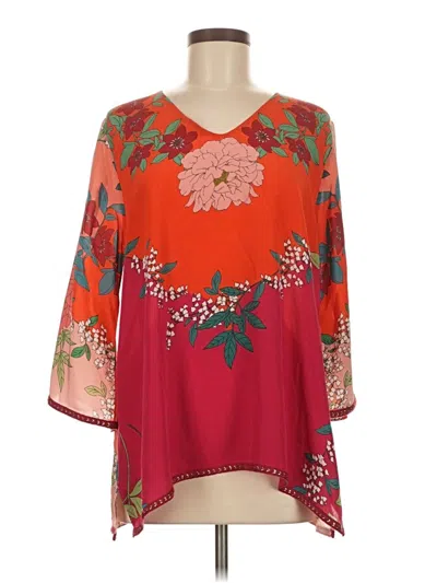 Pre-owned Johnny Was 3/4 Sleeve Silk Top Red V Neck Tops