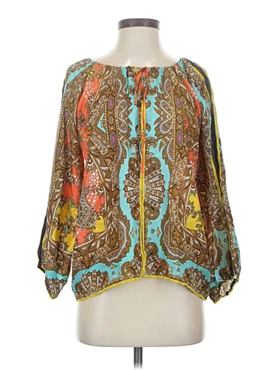 Pre-owned Johnny Was 3/4 Sleeve Silk Top Teal Paisley Pattern Boatneck Tops
