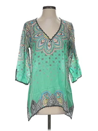 Pre-owned Johnny Was 3/4 Sleeve Silk Top Teal V-neck Tops