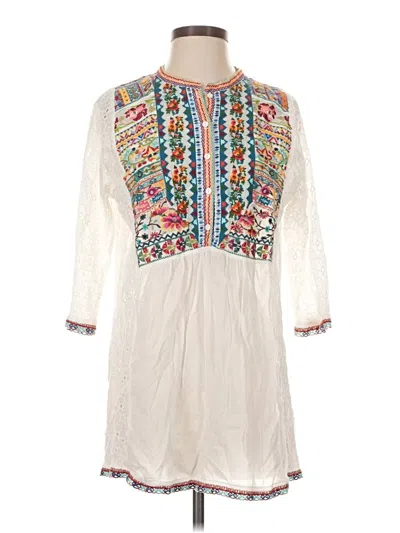 Pre-owned Johnny Was 3/4 Sleeve Top Ivory Plunge Neckline Tops