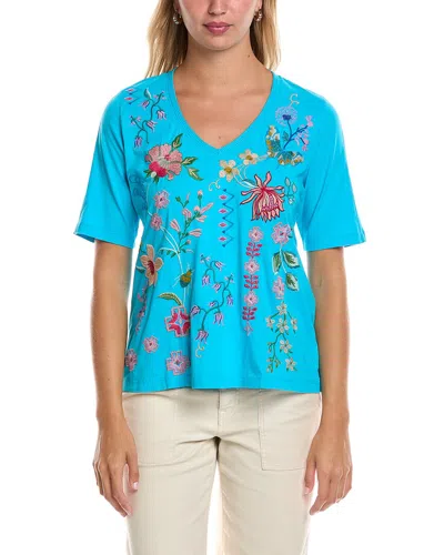 Johnny Was 3/4-sleeve Trapunto V-neck T-shirt In Blue