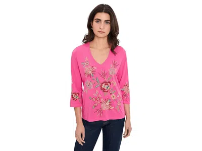 Johnny Was 3/4 Sleeve Trapunto V-neck T-shirts In Pink