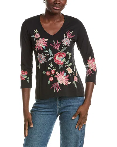 Johnny Was 3/4-sleeve Trapunto V-neck T-shirt In Black