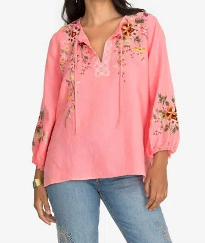 Johnny Was Acacia Linen Split Neckline Top In Coral Sunset In Pink