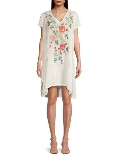 Pre-owned Johnny Was Adele Drape Tunic Dress Floral Embroid Flowers White Ramie