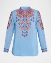 Johnny Was Alba Floral-embroidered Georgette Blouse In Blue