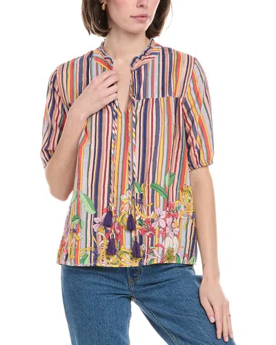 Johnny Was Aldrich Stripe Pleated Yoke Linen-blend Blouse In Pink