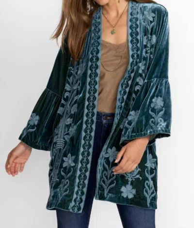 Johnny Was Alithia Velvet Ruffle Sleeve Kimono In Peacock In Blue