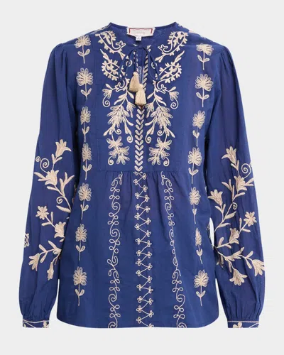 Johnny Was Allison Floral-embroidered Cotton Blouse In Deep Navy Nataly Voile